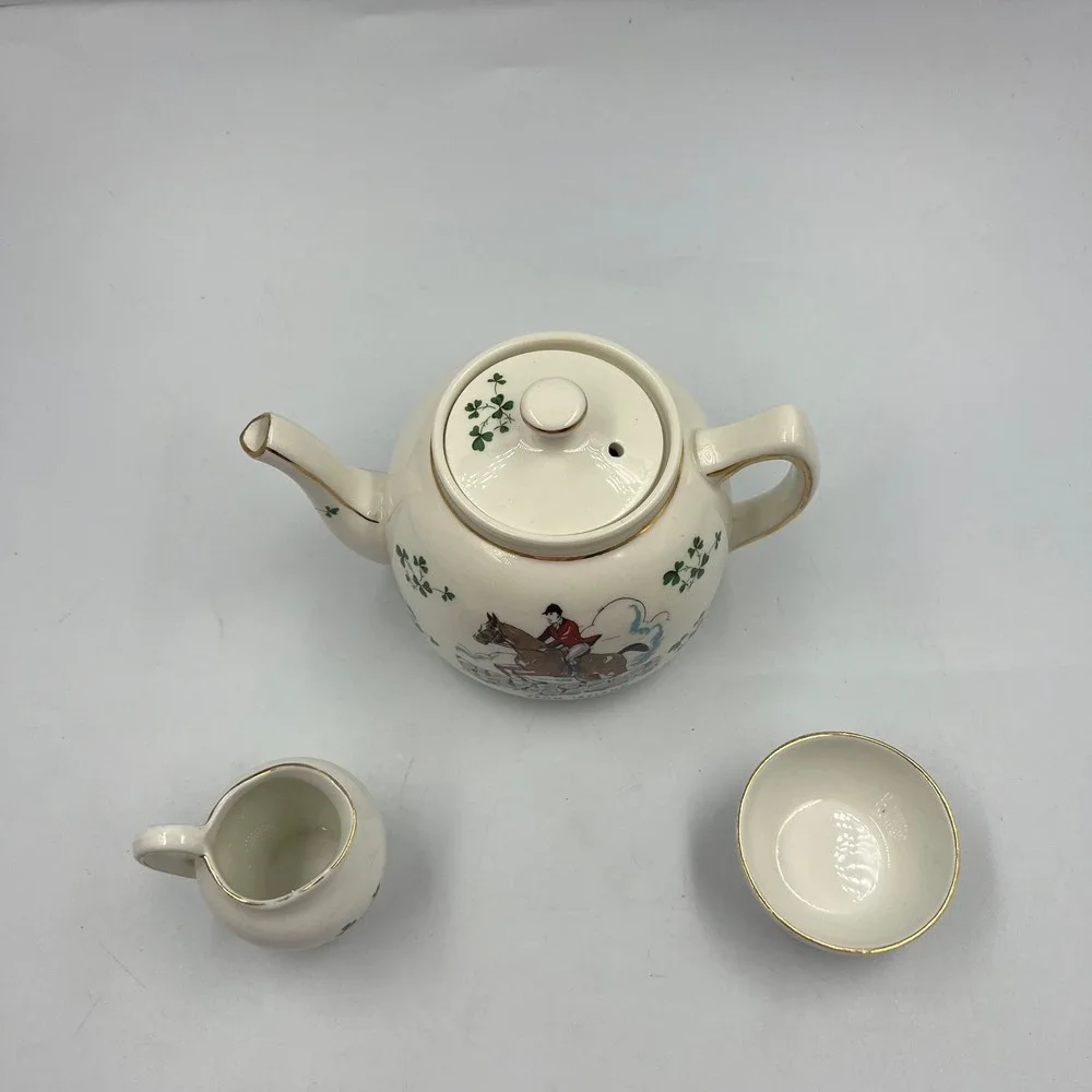 Vintage Carrigaline Ireland Fox Hunt Tea Set Teapot Creamer Sugar Shamrocks Gold